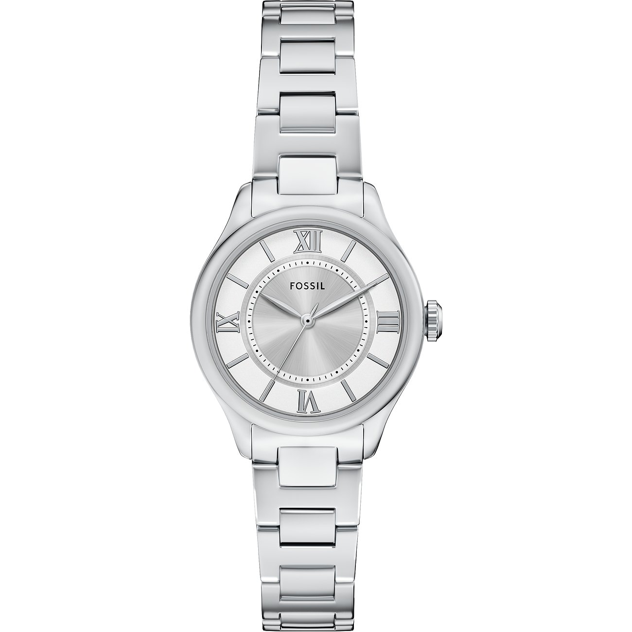 Fossil dameur i poleret rustfrit stål med sølvfarvet urskive og romertal.