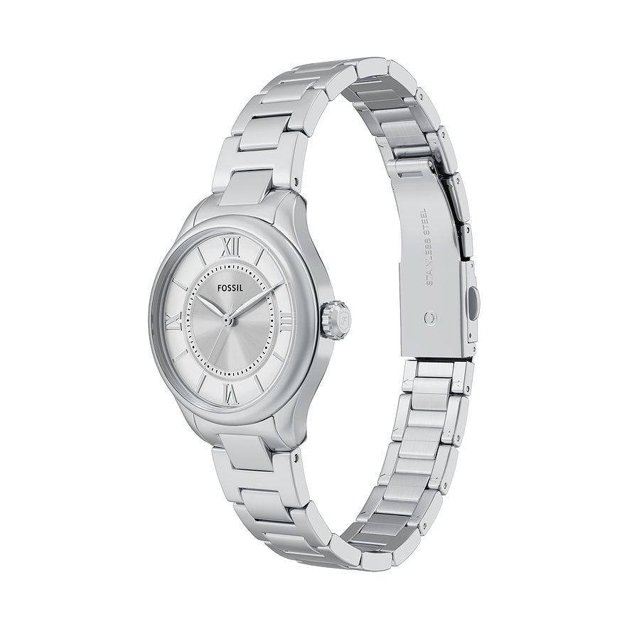 Et sølvfarvet Fossil dameur i rustfrit stål med en rund urskive og romertal.