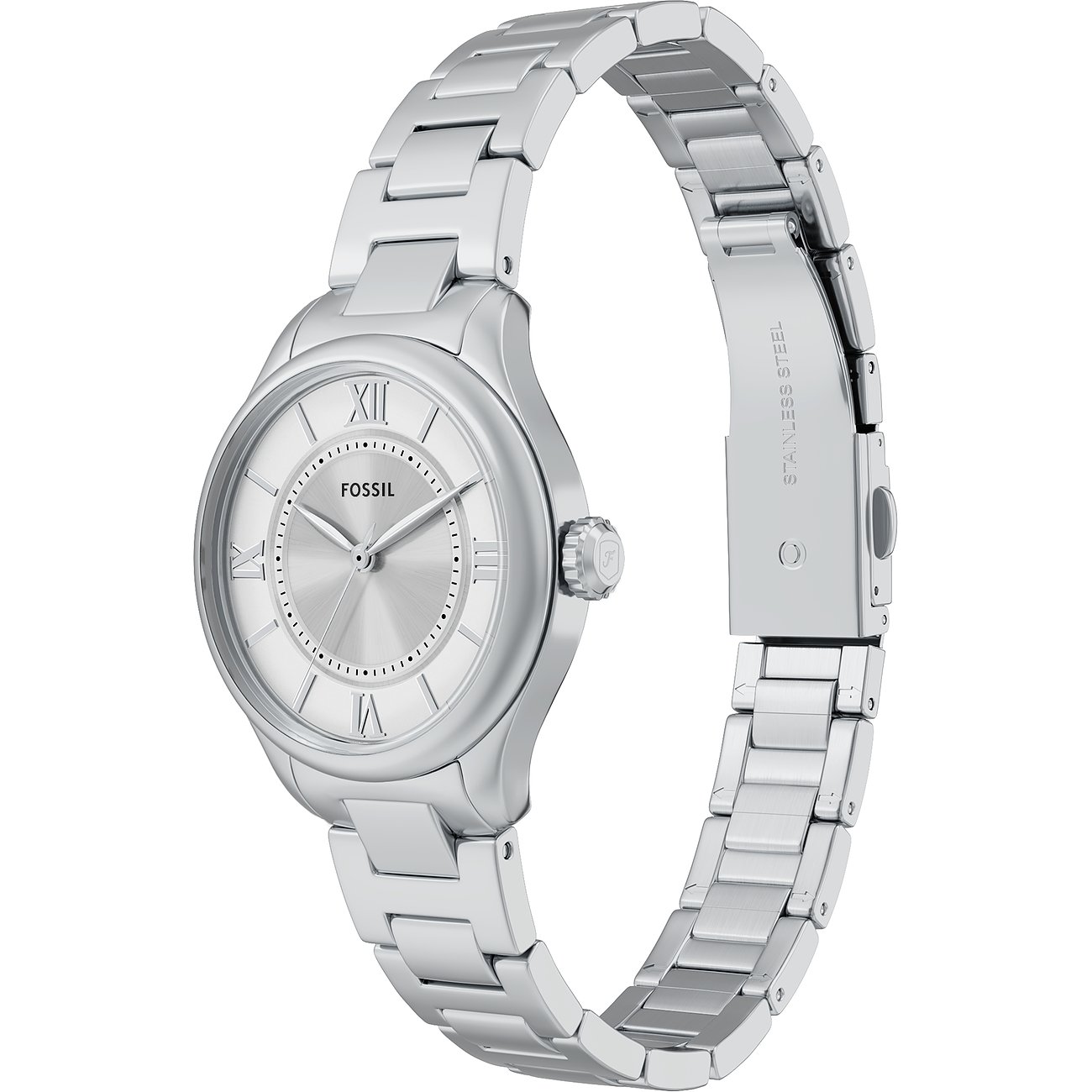 Et sølvfarvet Fossil dameur i rustfrit stål med en rund urskive og romertal.