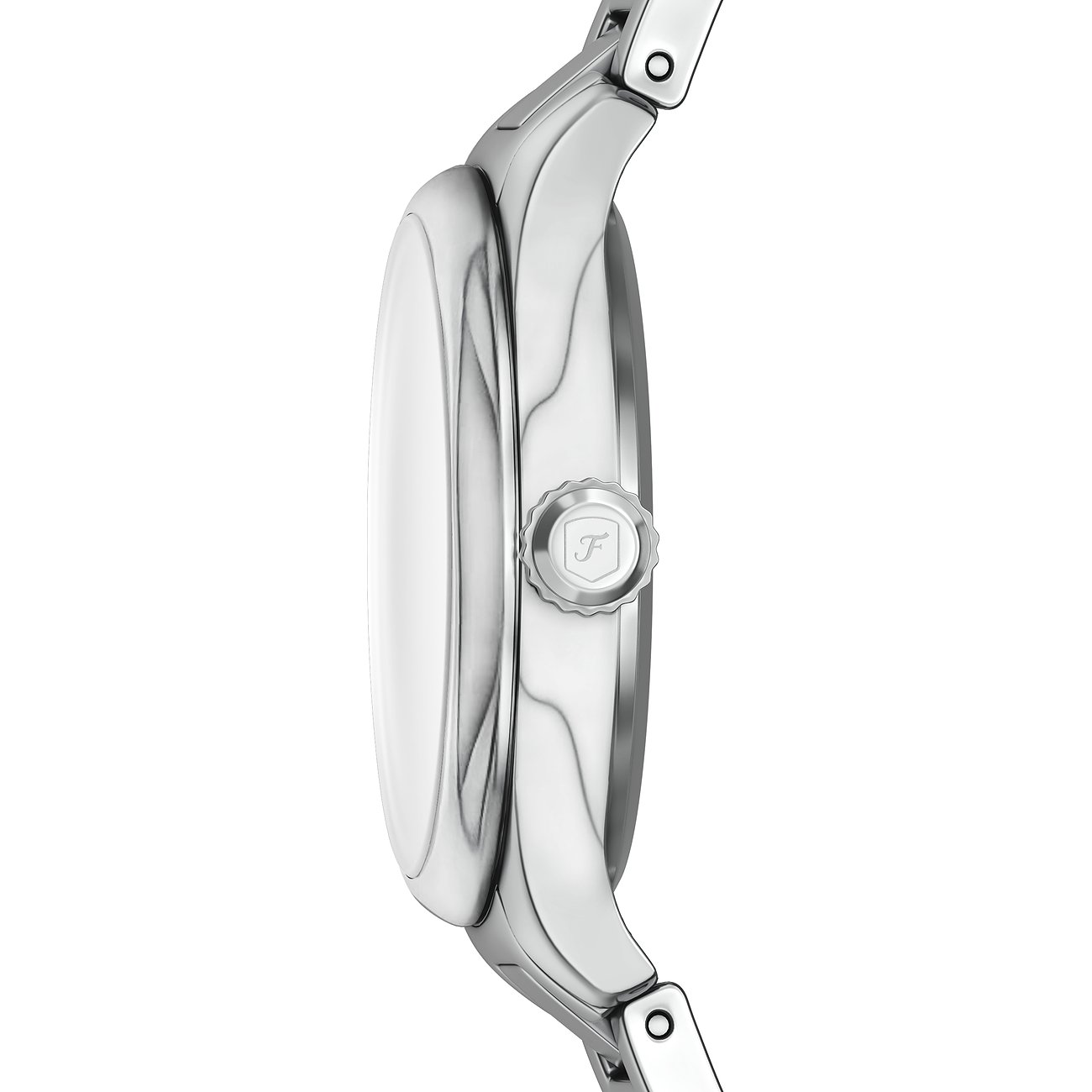 Sidebillede af et Fossil dameur i poleret rustfrit stål med krone og brandlogo.