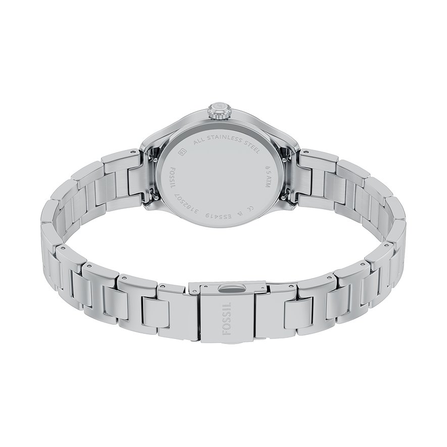 Bagside af Fossil dameur i robust rustfrit stål med graveret urkassebagside og armbåndslås.