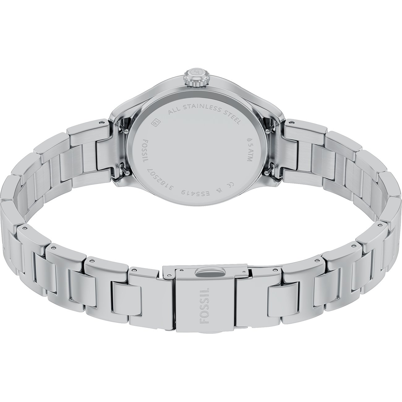 Bagside af Fossil dameur i robust rustfrit stål med graveret urkassebagside og armbåndslås.