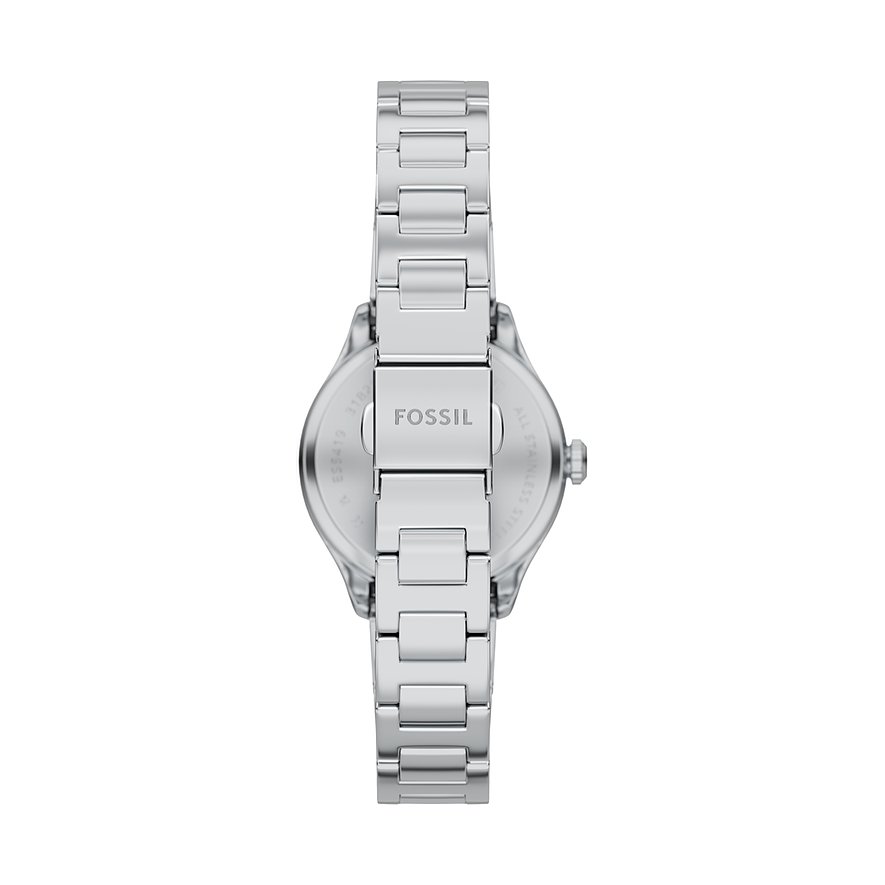 Bagside af et Fossil dameur i rustfrit stål med metalspænde og indgraveret Fossil-logo.