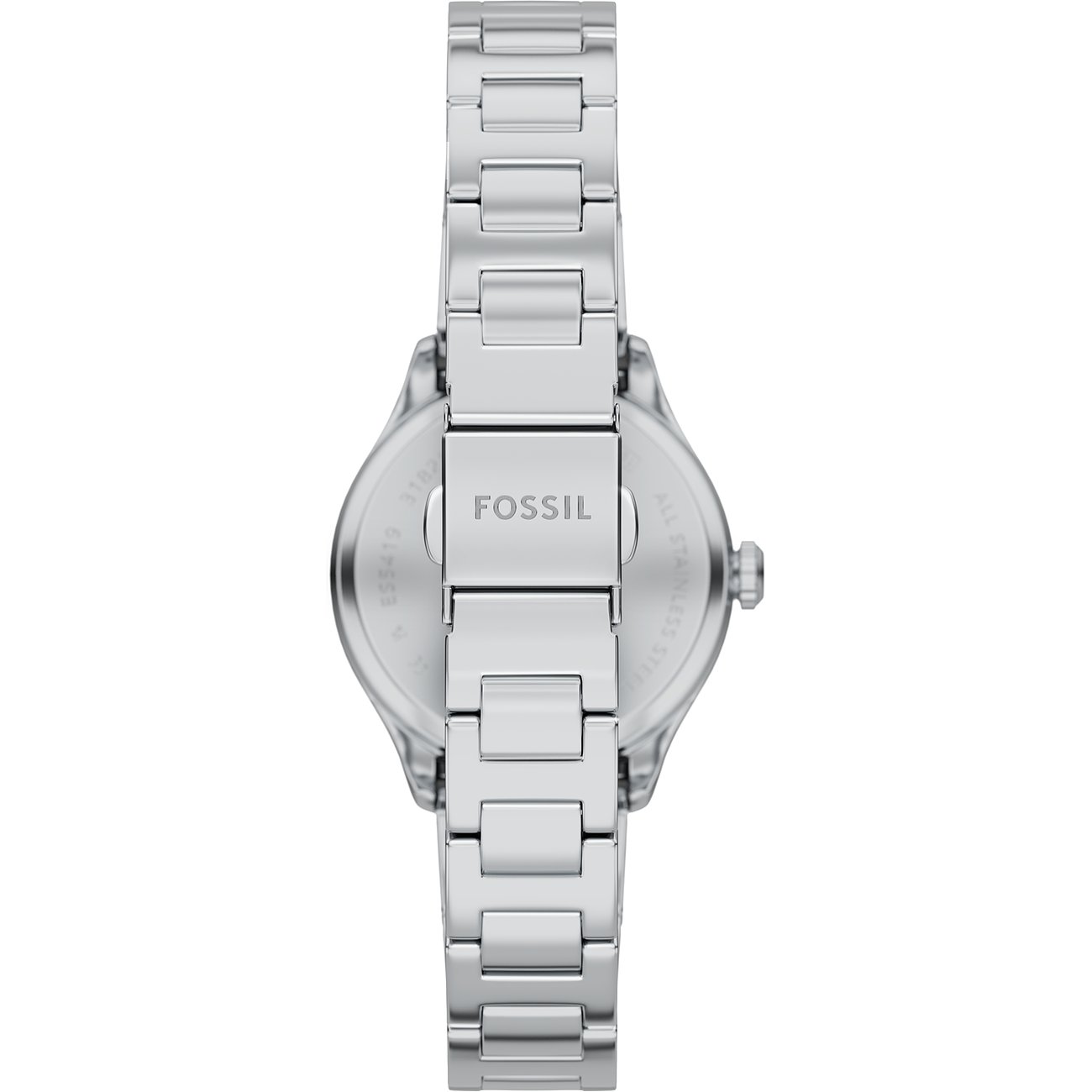 Bagside af et Fossil dameur i rustfrit stål med metalspænde og indgraveret Fossil-logo.