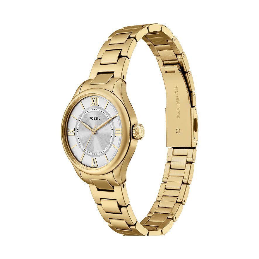 Fossil dameur i guldfarvet rustfrit stål med sølvfarvet urskive og romertal.