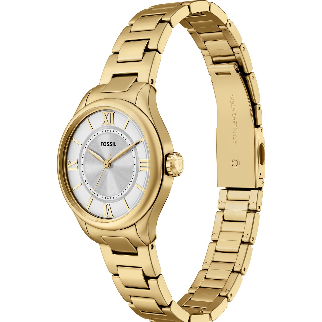 Fossil dameur i guldfarvet rustfrit stål med sølvfarvet urskive og romertal.