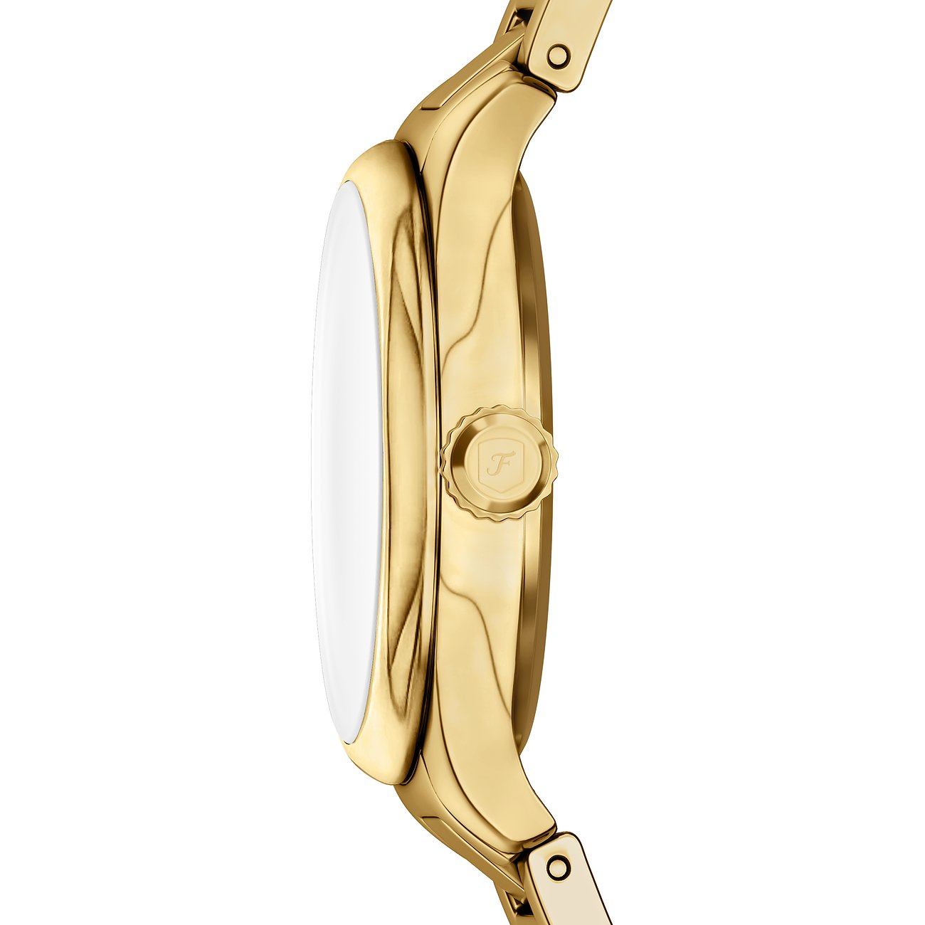 Sidebillede af et guld Fossil dameur i rustfrit stål med en enkel urskive og rund krone.