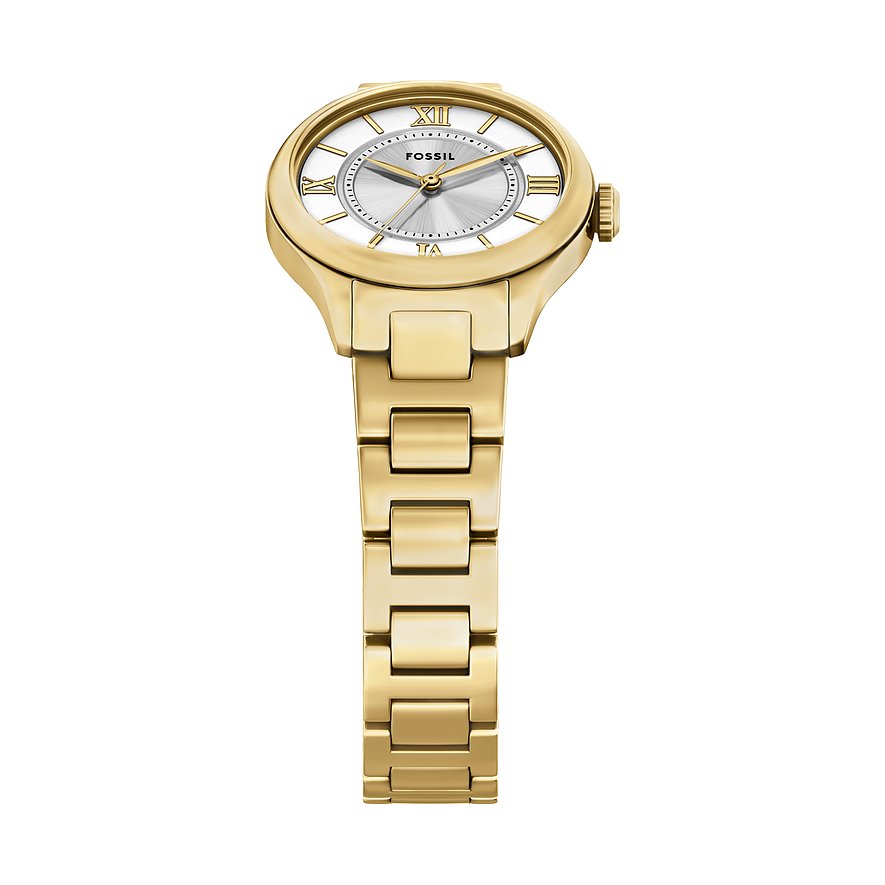 Fossil dameur i guldfarvet rustfrit stål, set fra et fugleperspektiv øverst til venstre, med hvid urskive.