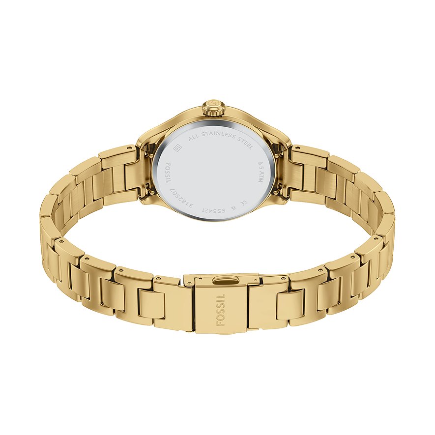 Bagside af gyldent Fossil dameur i rustfrit stål med lukket foldespænde og logo-prægning.