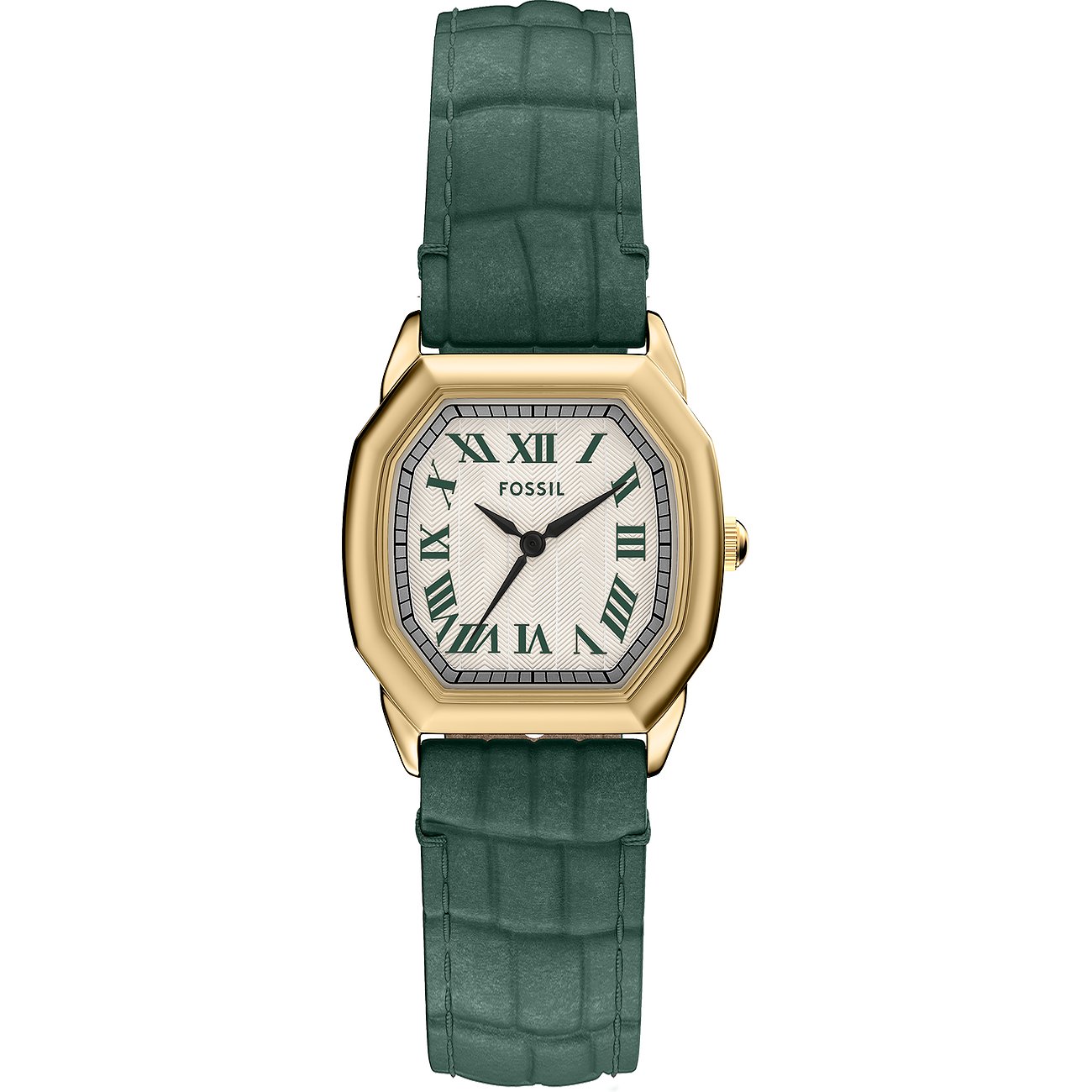 Eine achteckige Fossil Damenuhr aus gelbgoldenem Edelstahl mit hellgrünem Lederarmband und creme-weißem Zifferblatt.