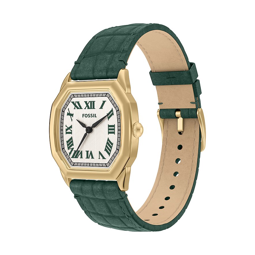 Goldene Fossil Damenuhr aus Edelstahl mit eckigem Zifferblatt und grünem Armband, schräg von oben.