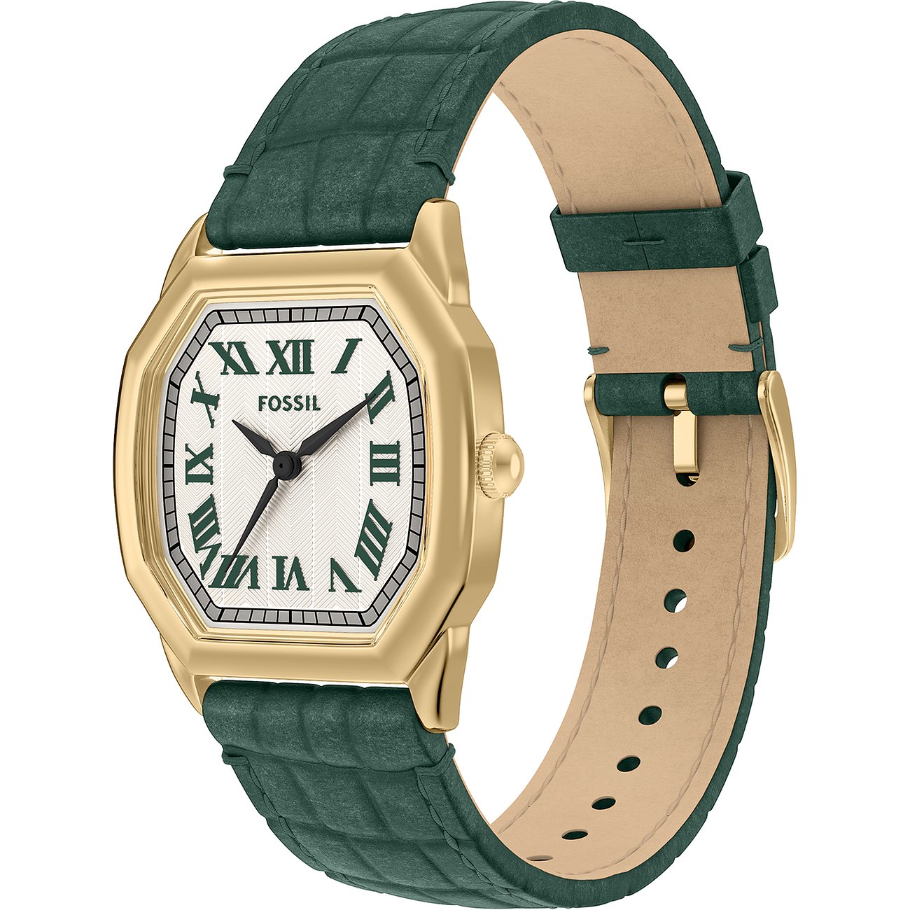 Goldene Fossil Damenuhr aus Edelstahl mit eckigem Zifferblatt und grünem Armband, schräg von oben.