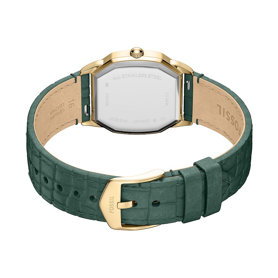 Rückansicht der Fossil Damenuhr aus goldfarbenem Edelstahl mit dunkelgrünem Lederarmband und goldener Schließe.