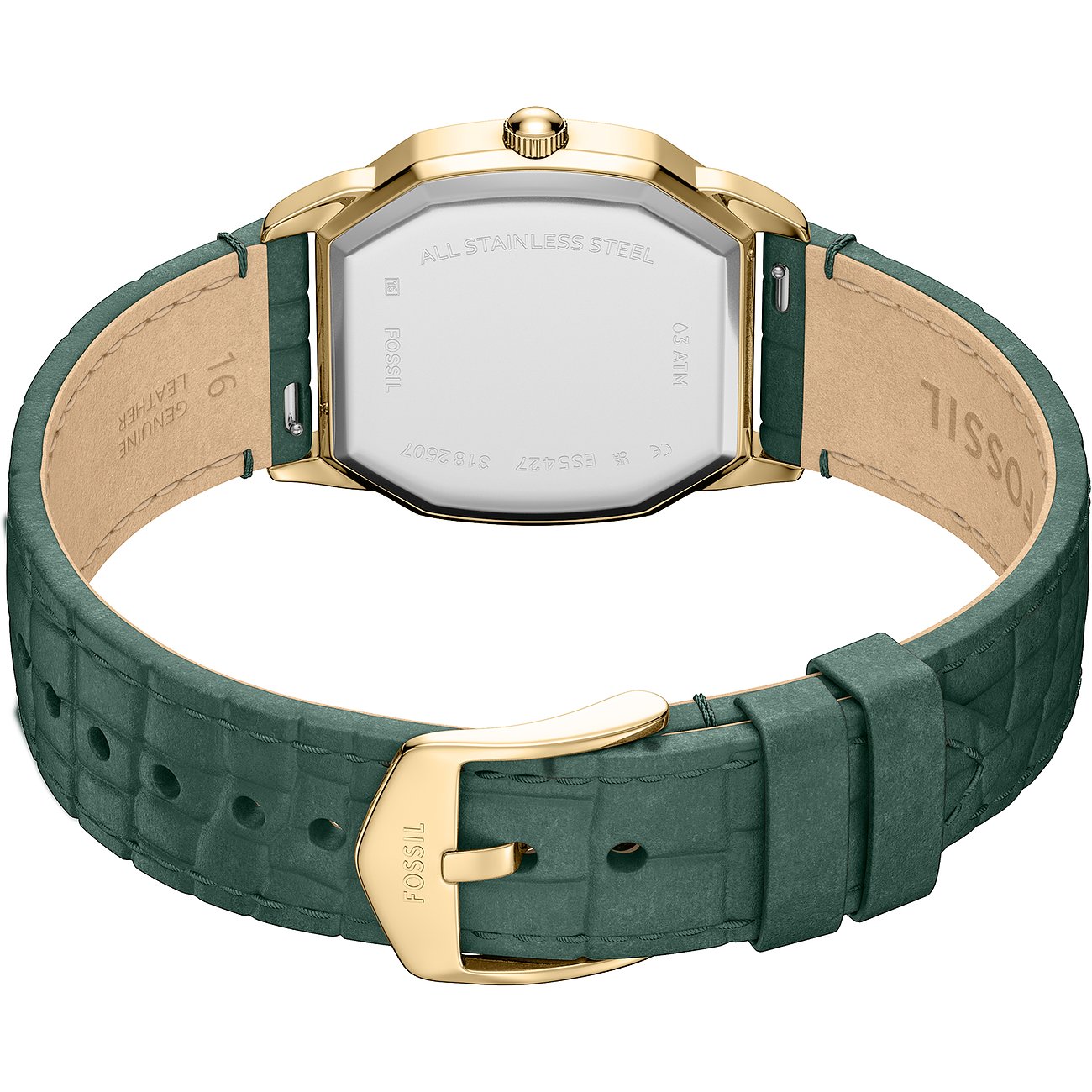 Rückansicht der Fossil Damenuhr aus goldfarbenem Edelstahl mit dunkelgrünem Lederarmband und goldener Schließe.