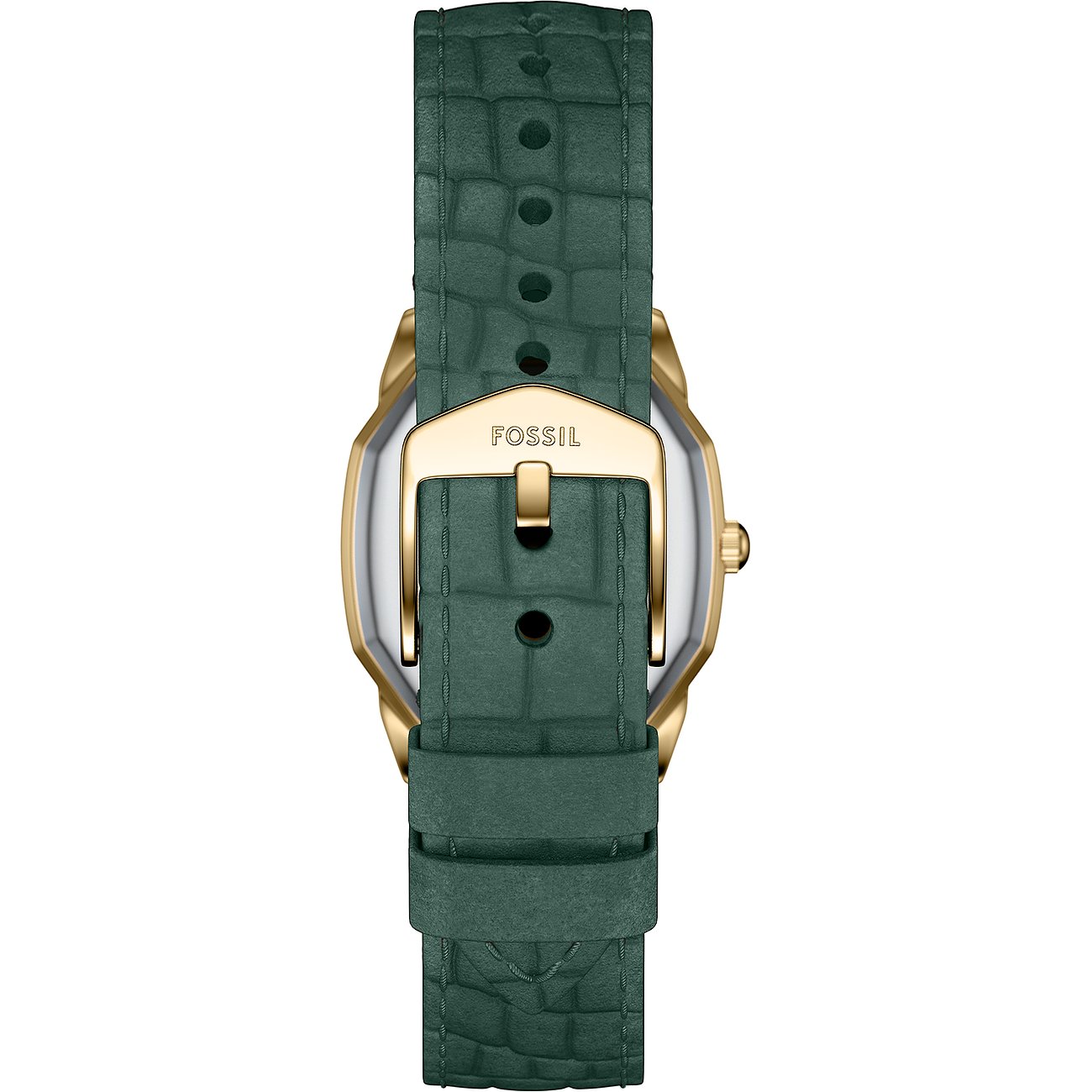 Rückseite einer Fossil Damenuhr aus Edelstahl mit goldenem Gehäuse und dunkelgrünem Krokodilprägung-Lederarmband.