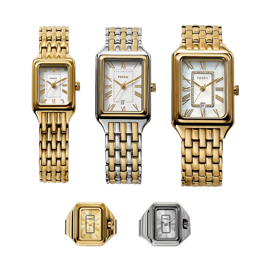 Tre Fossil dameure i rustfrit stål (guld, bicolour, klare sten) og to guldfarvede ringe.