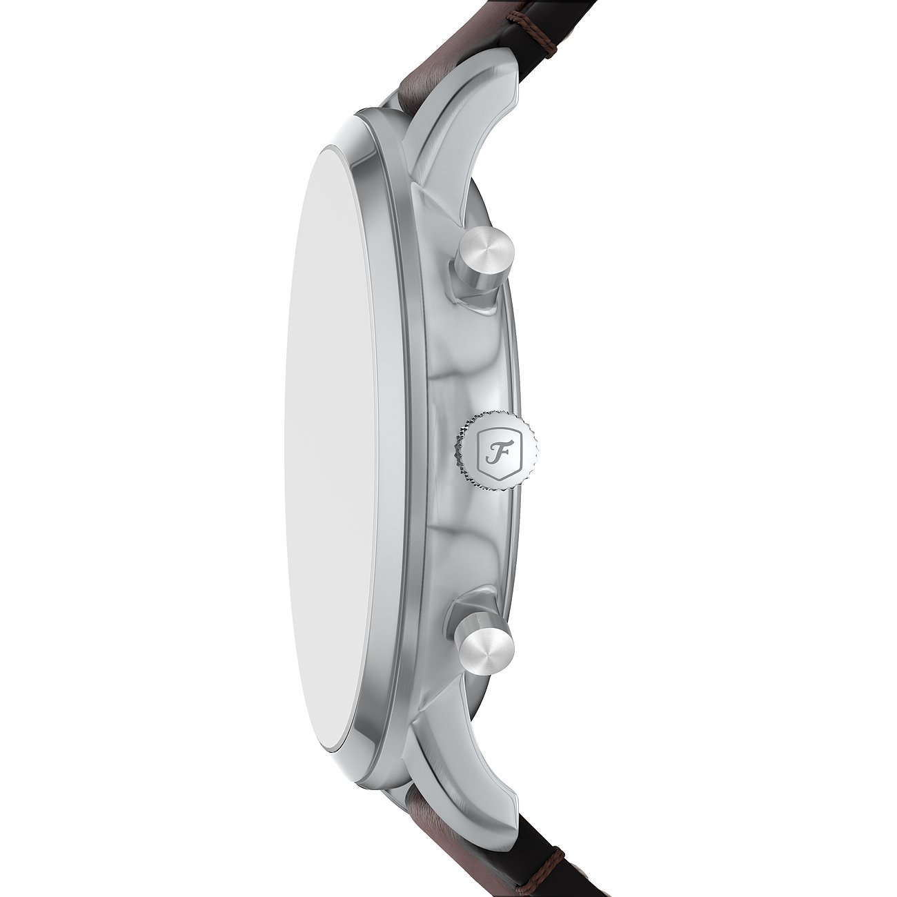 Fossil herrklocka i rostfritt stål, sidovy, rund silverram med mörk läderrem.