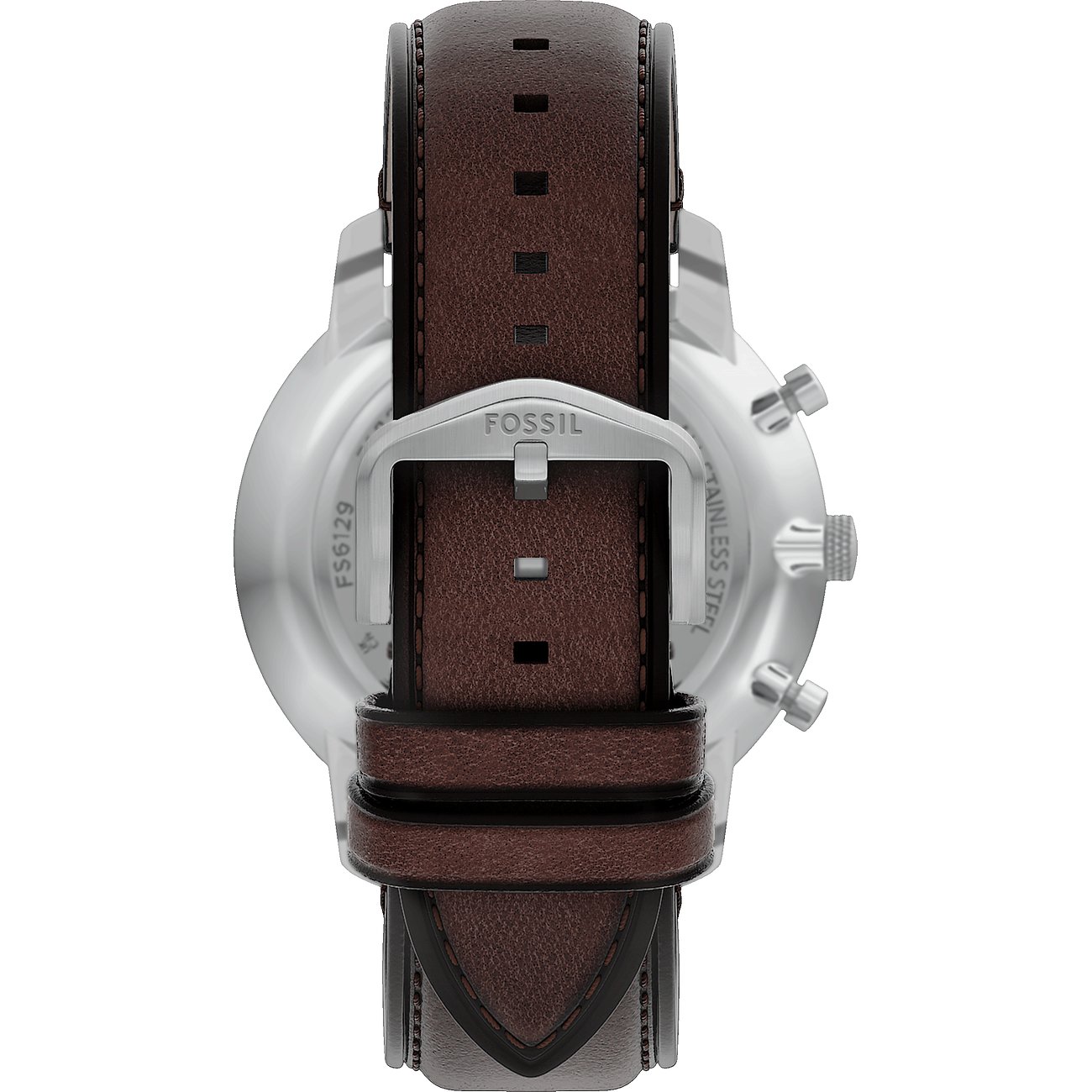 Baksidan av Fossils herrklocka i rostfritt stål med brunt läderband och spänne med Fossil-logotyp.