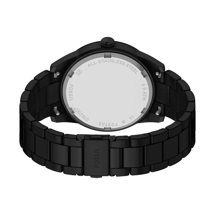 Baksidan av Fossil herrklocka i svart rostfritt stål med gravyrer på boettlocket.