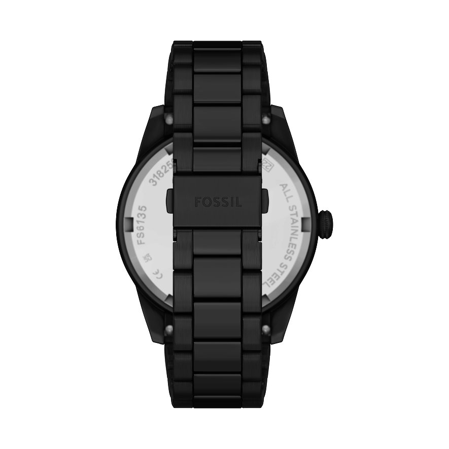 Baksida av Fossil herrklocka i svart rostfritt stål, med gravyrer och modellnummer FS6135.