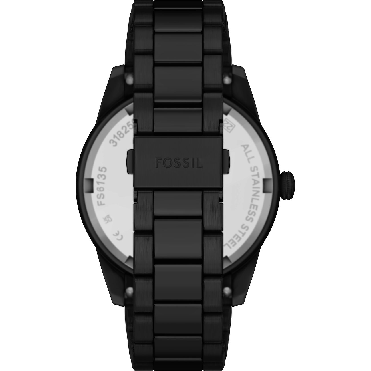 Baksida av Fossil herrklocka i svart rostfritt stål, med gravyrer och modellnummer FS6135.