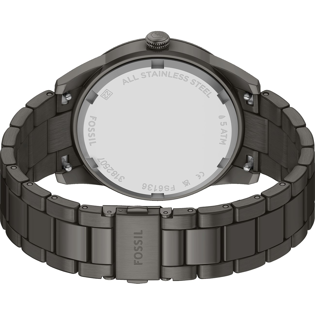 Baksidan av en Fossil herrklocka i mörkgrått rostfritt stål med graverade detaljer på boettlocket.