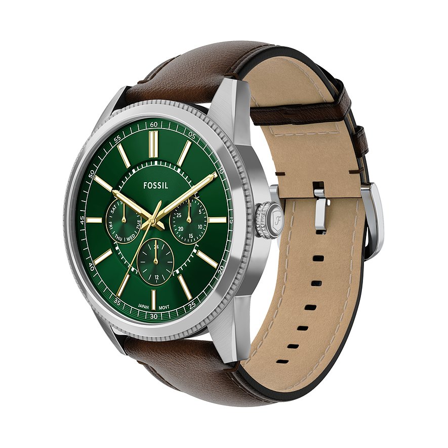 Fossil Herrenuhr aus Edelstahl mit einem grünen Zifferblatt und einem braunen Lederarmband schräg von oben.