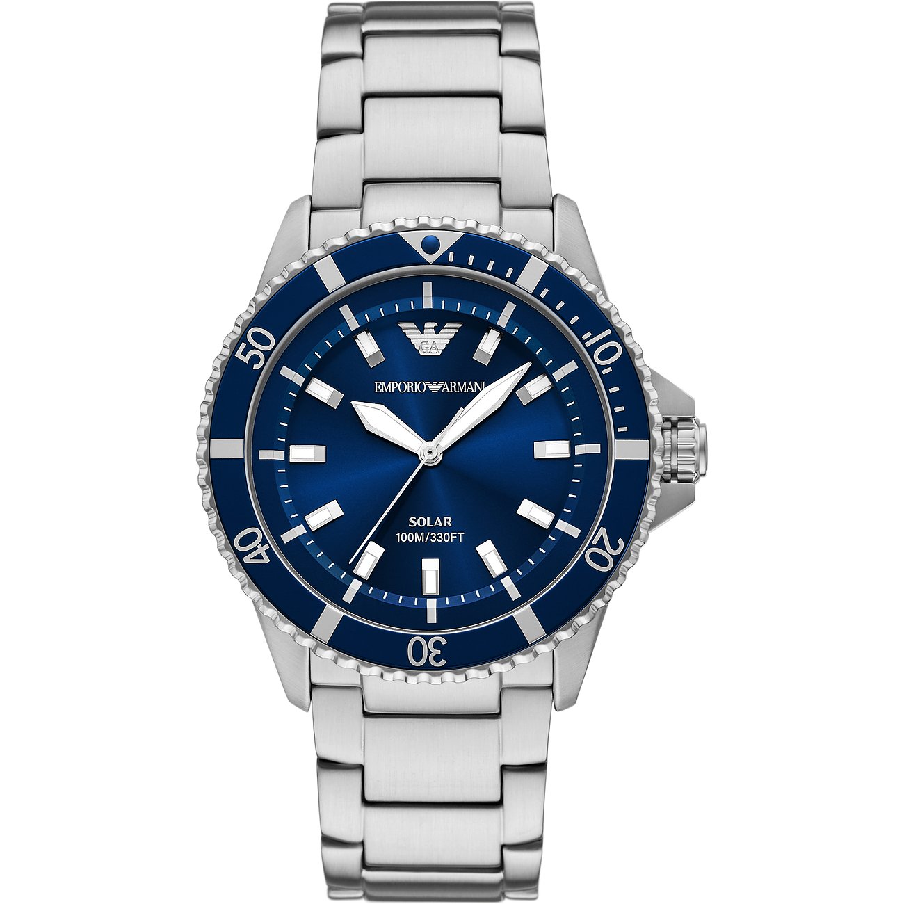 Emporio Armani Herrenuhr aus Edelstahl mit leuchtend blauem Zifferblatt und silbernem Armband.