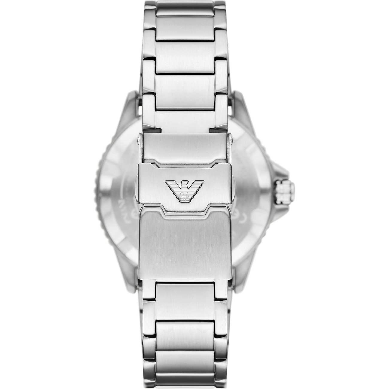 Rückansicht der Emporio Armani Herrenuhr aus Edelstahl mit geschlossener Dornschließe und Markenlogo.