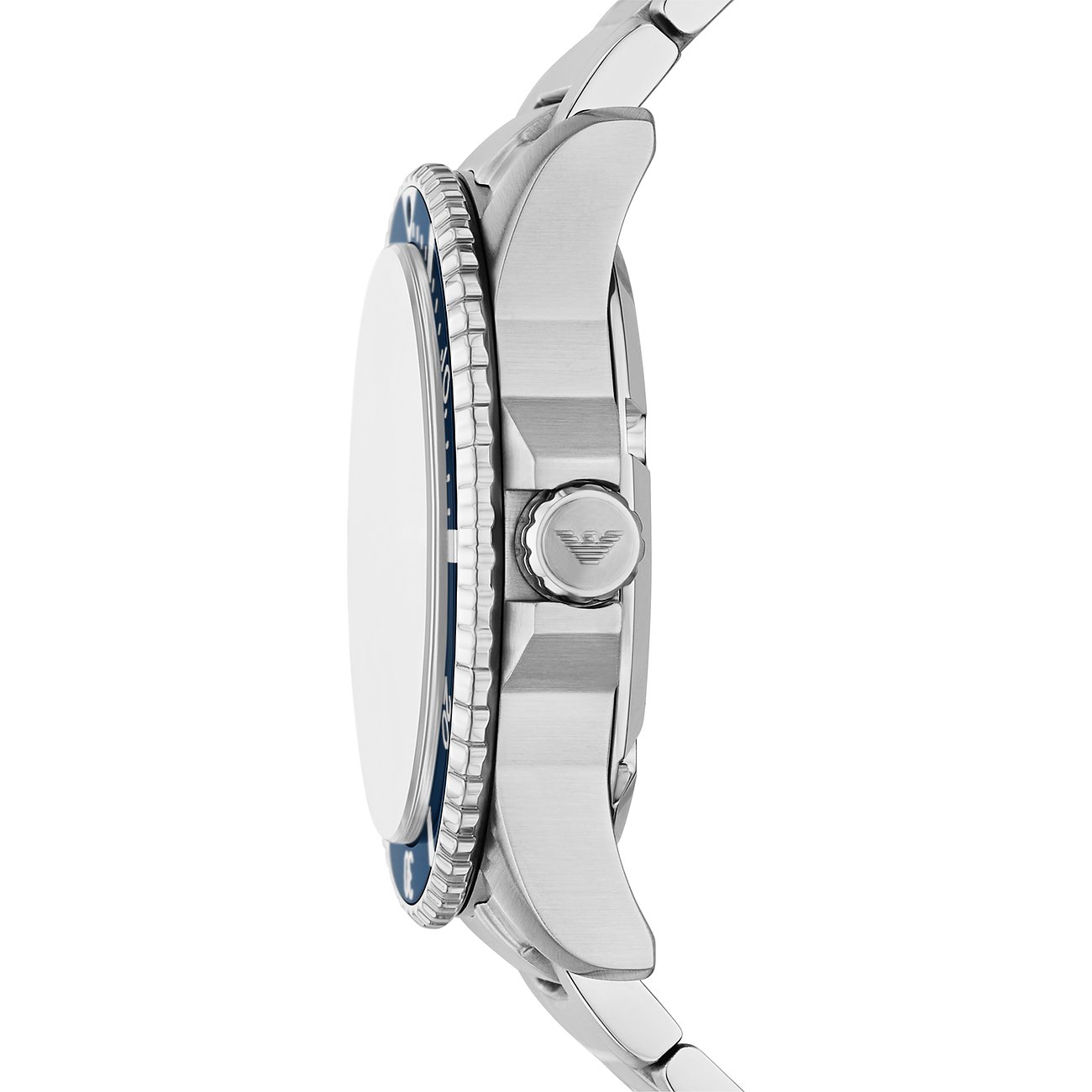Seitenansicht der Emporio Armani Herrenuhr aus Edelstahl mit blauer Lünette, Krone mit Logo sichtbar.