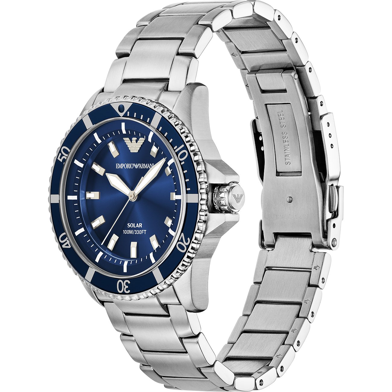 Emporio Armani Herrenuhr aus Edelstahl mit blauem Zifferblatt und Lünette, frontal und leicht von der Seite fotografiert.