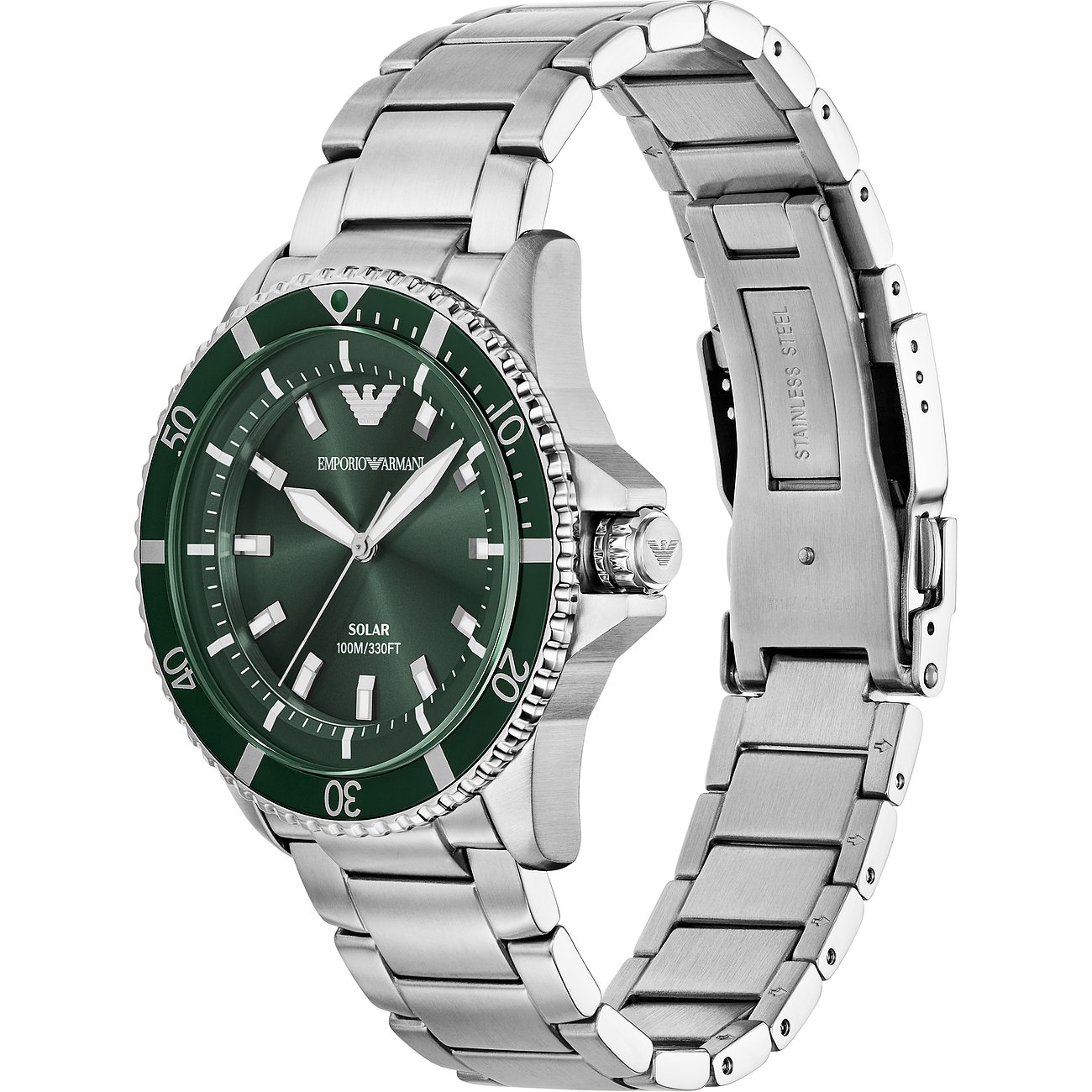 Emporio Armani Herrenuhr aus Edelstahl mit grünem Zifferblatt und Lünette, schräg von oben rechts fotografiert.