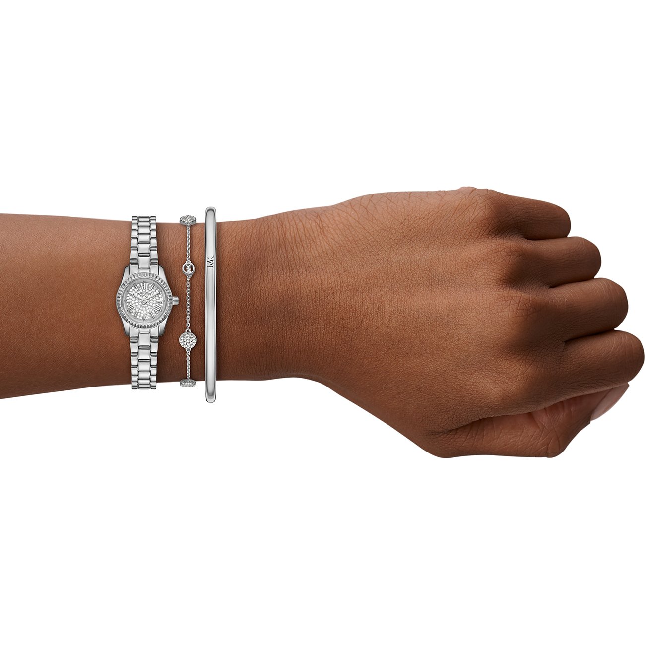 Michael Kors handleds-set: mini-klocka och två armband, allt i rostfritt stål.