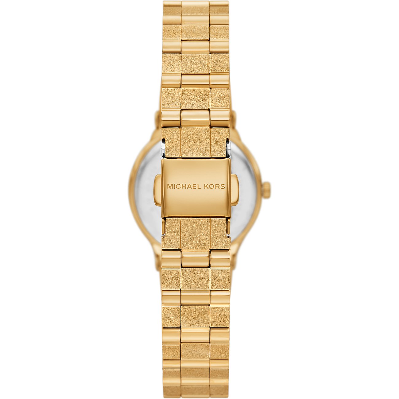 Rückansicht der Michael Kors Damenuhr aus goldfarbenem Edelstahl. Auf der Schließe ist das Michael Kors Logo zu sehen.