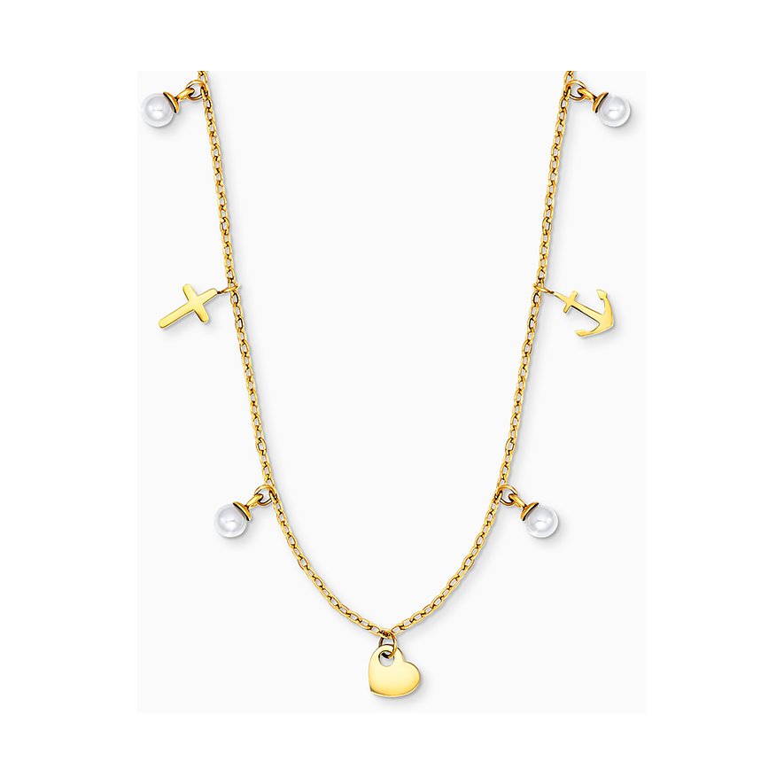 Engelsrufer halskæde af rustfrit stål med perler, kors og hjerte.