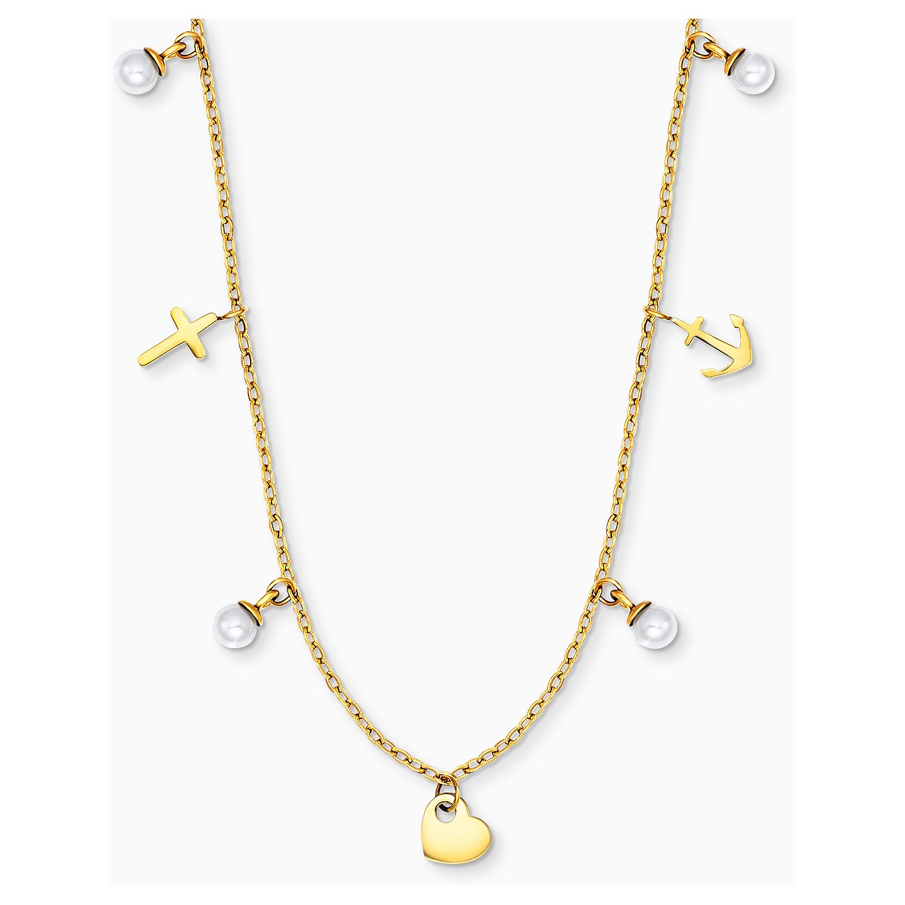 Engelsrufer halskæde af rustfrit stål med perler, kors og hjerte.