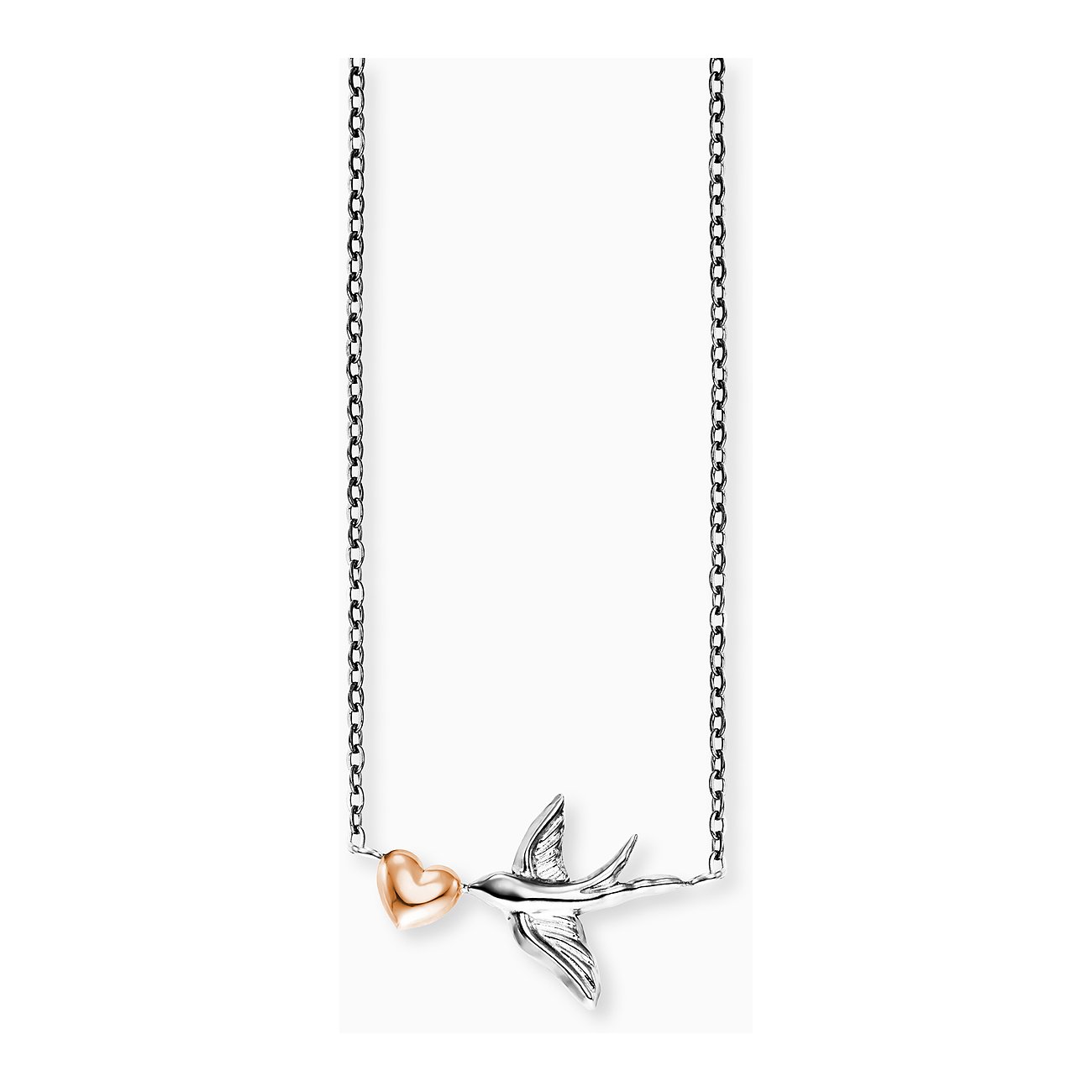 Engelsrufer halsband i rostfritt stål med fågel- och hjärthänge.