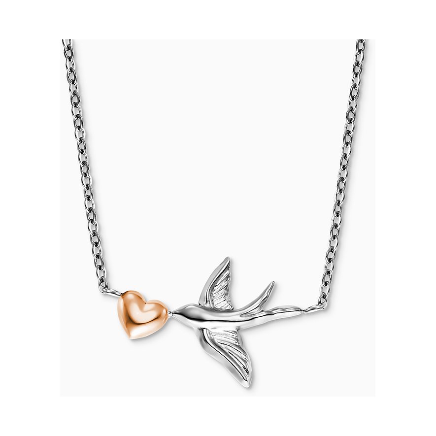Engelsrufer halsband i rostfritt stål med hjärthänge och fågelmotiv.