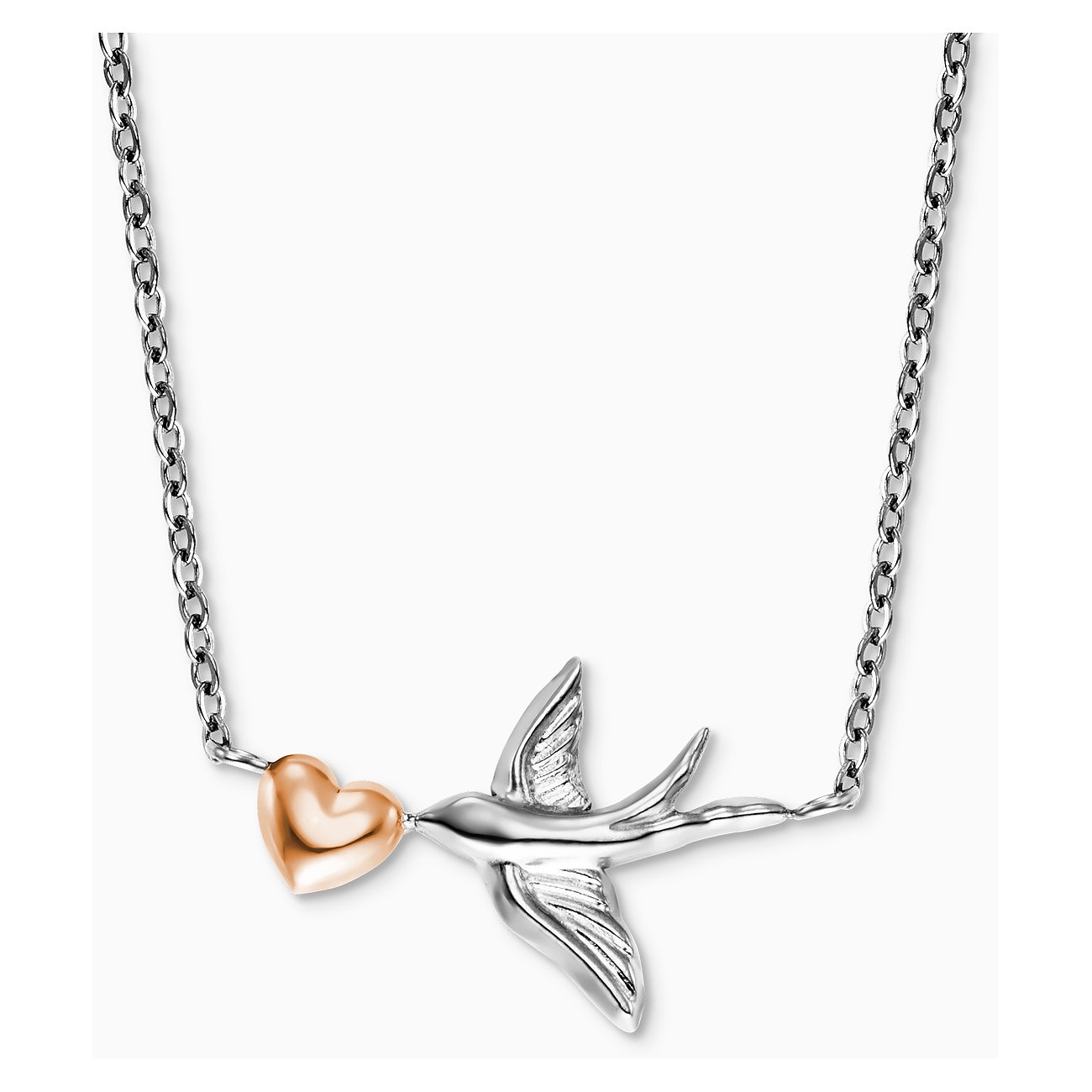 Engelsrufer halsband i rostfritt stål med hjärthänge och fågelmotiv.