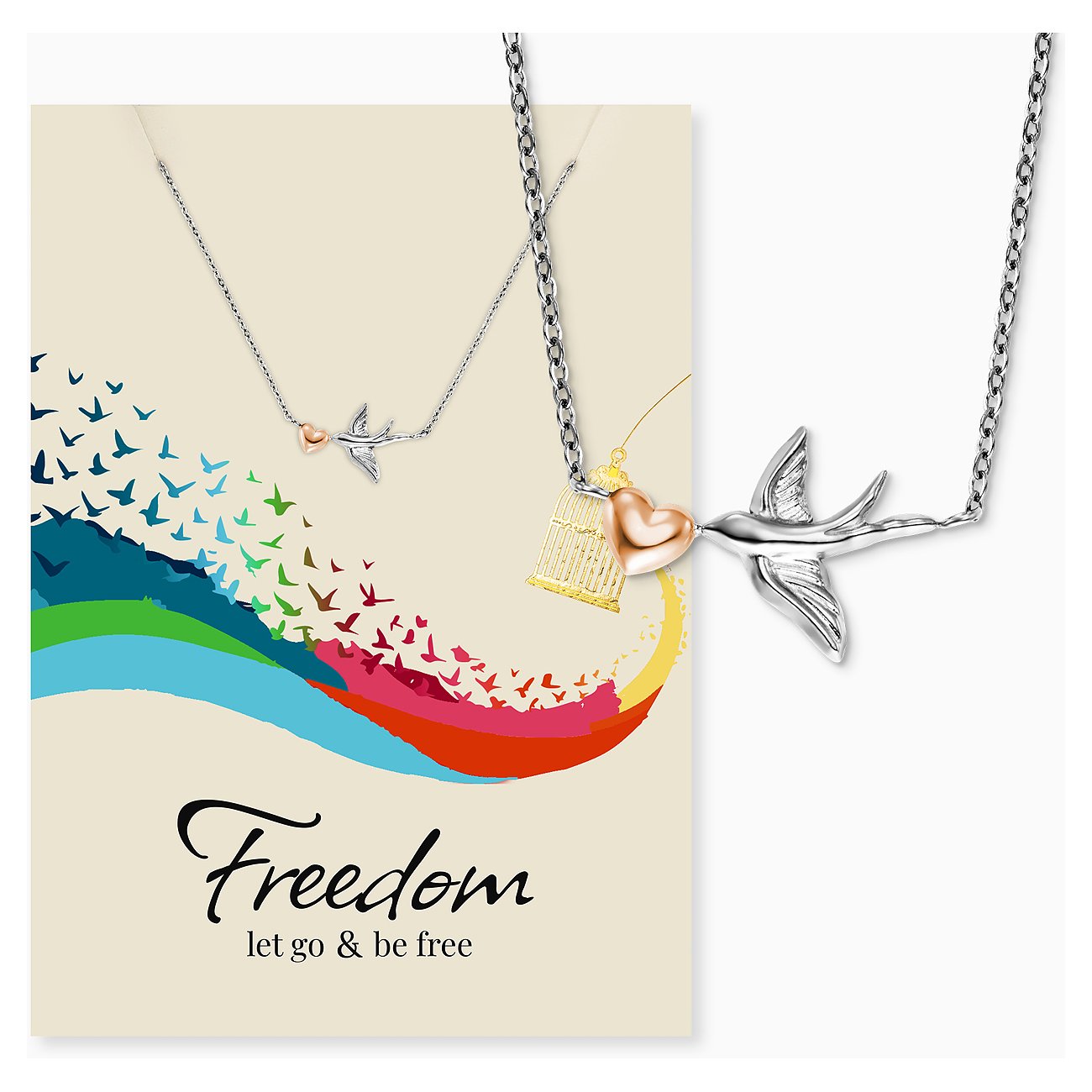 Engelsrufer halsband i rostfritt stål, som visar en stiliserad fågel, ett hjärta och en bur.