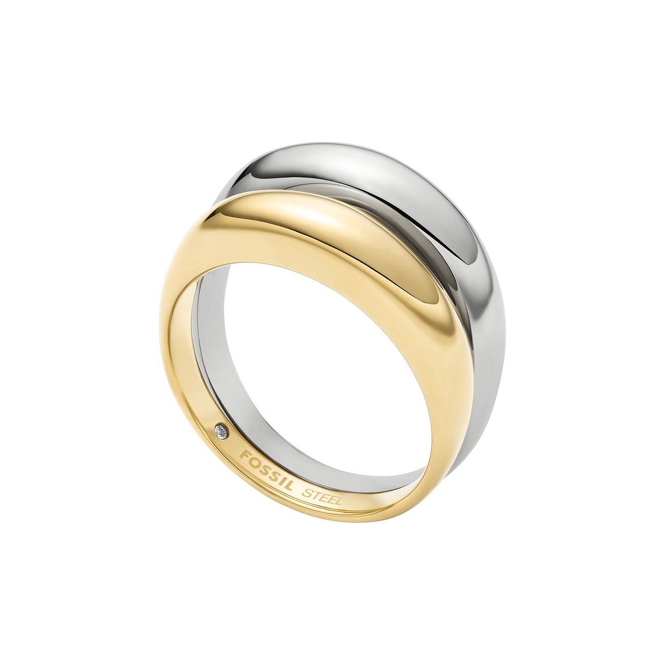 Bague Fossil en acier inoxydable bicolore, l'anneau supérieur est argenté et l'inférieur doré avec une pierre.