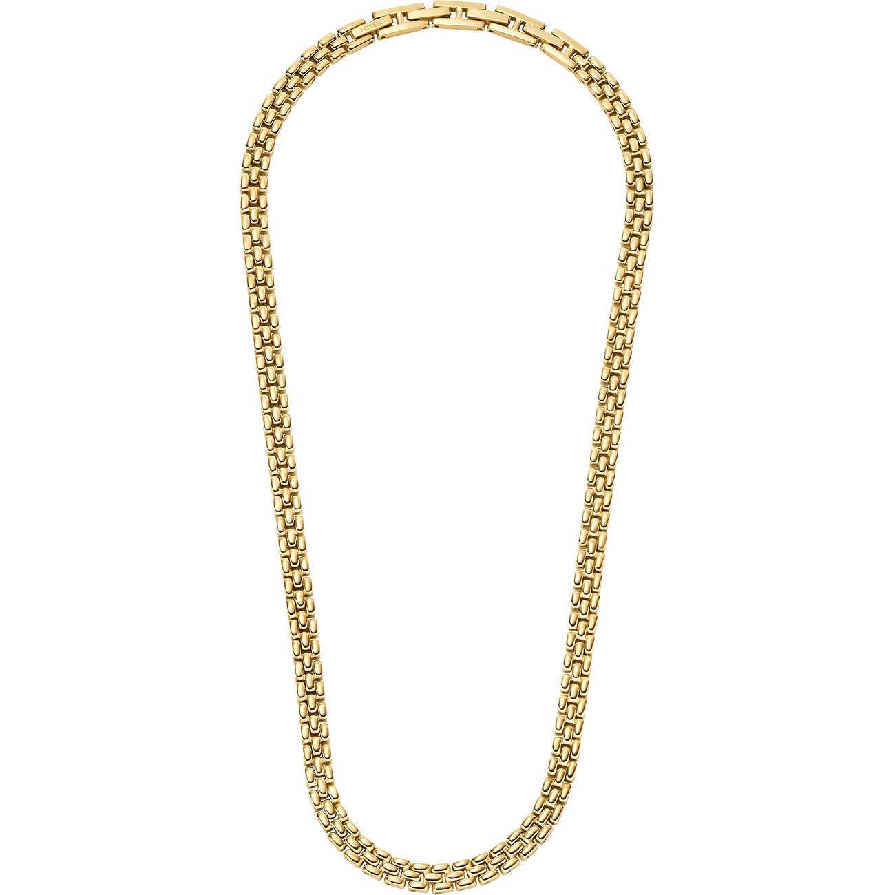 Die Fossil Halskette aus goldfarbenem Edelstahl hat ein Kettenmuster aus kleinen, flachen, ineinandergreifenden Gliedern.