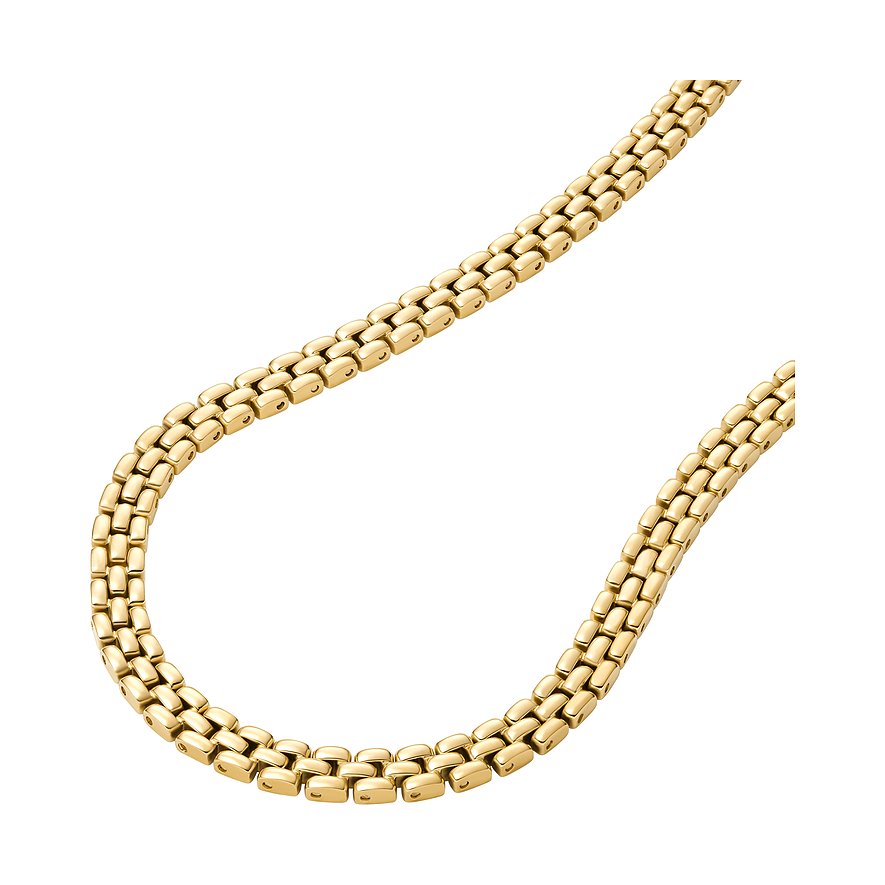 Fossil Halsschmuck aus goldfarbenem Edelstahl. Die Gliederkette liegt in einem weichen Bogen.