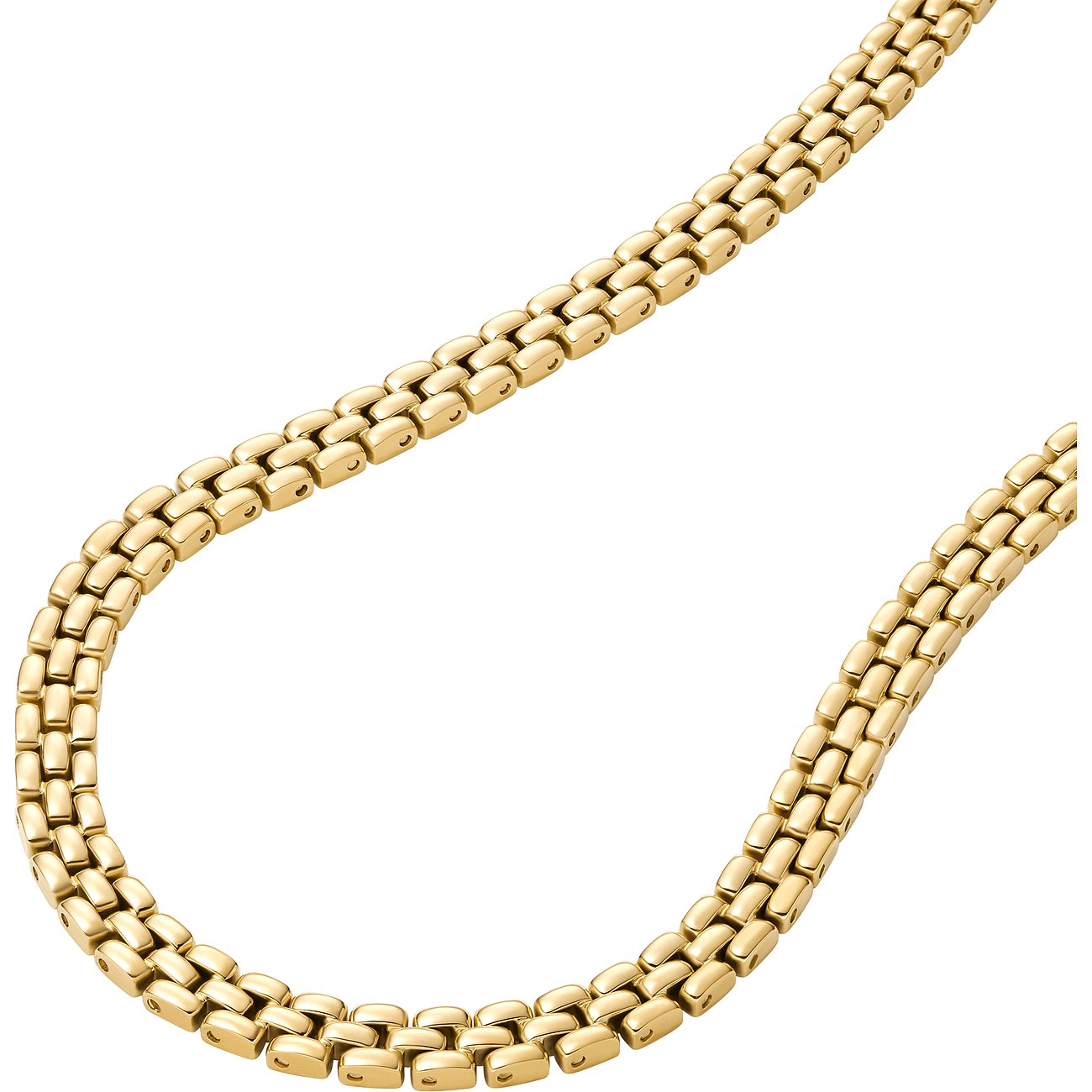 Fossil Halsschmuck aus goldfarbenem Edelstahl. Die Gliederkette liegt in einem weichen Bogen.