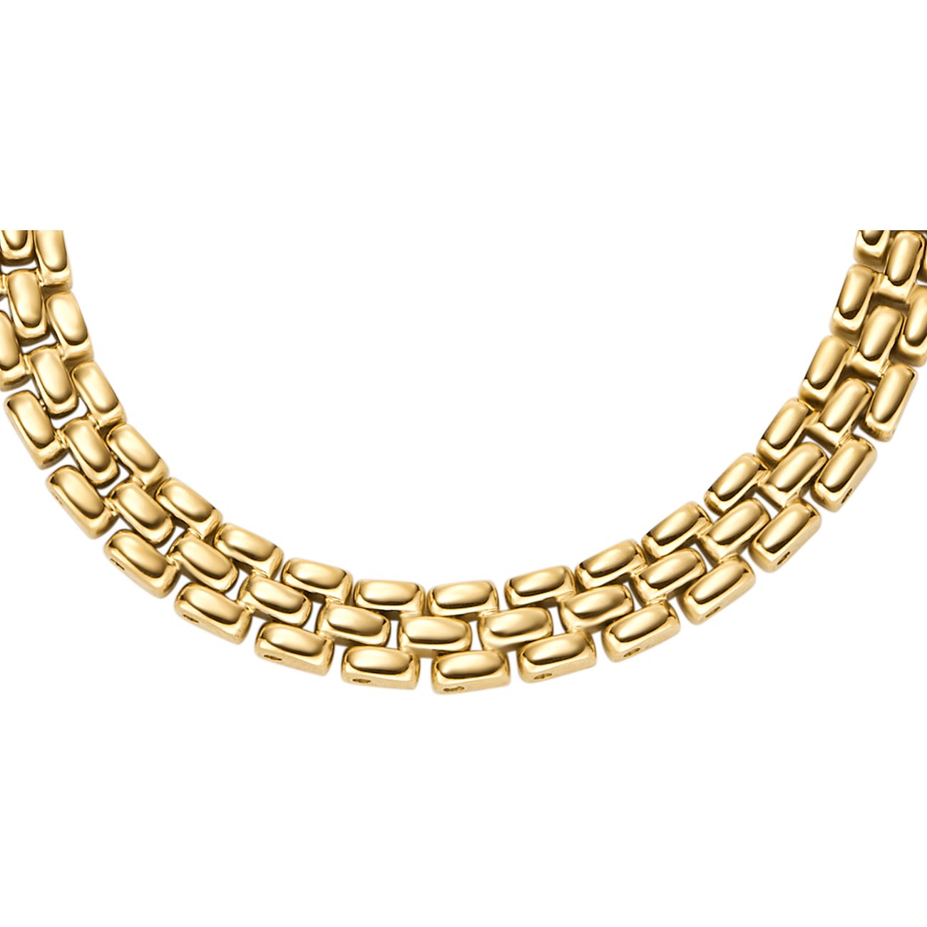 Fossil Halsschmuck aus goldfarbenem Edelstahl mit zwei Reihen von segmentierten, flachen Gliedern.