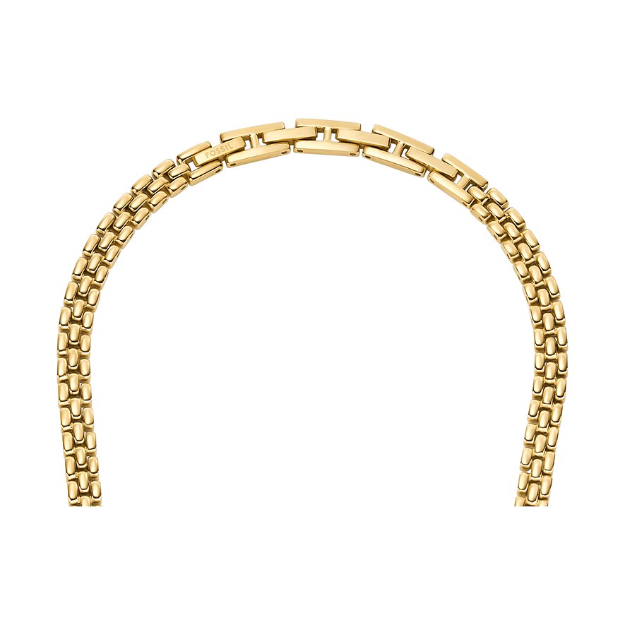 Dieses Fossil Halsschmuck-Kettenband aus goldfarbenem Edelstahl ist in einer U-Form arrangiert und zeigt die Fossil-Gravur.