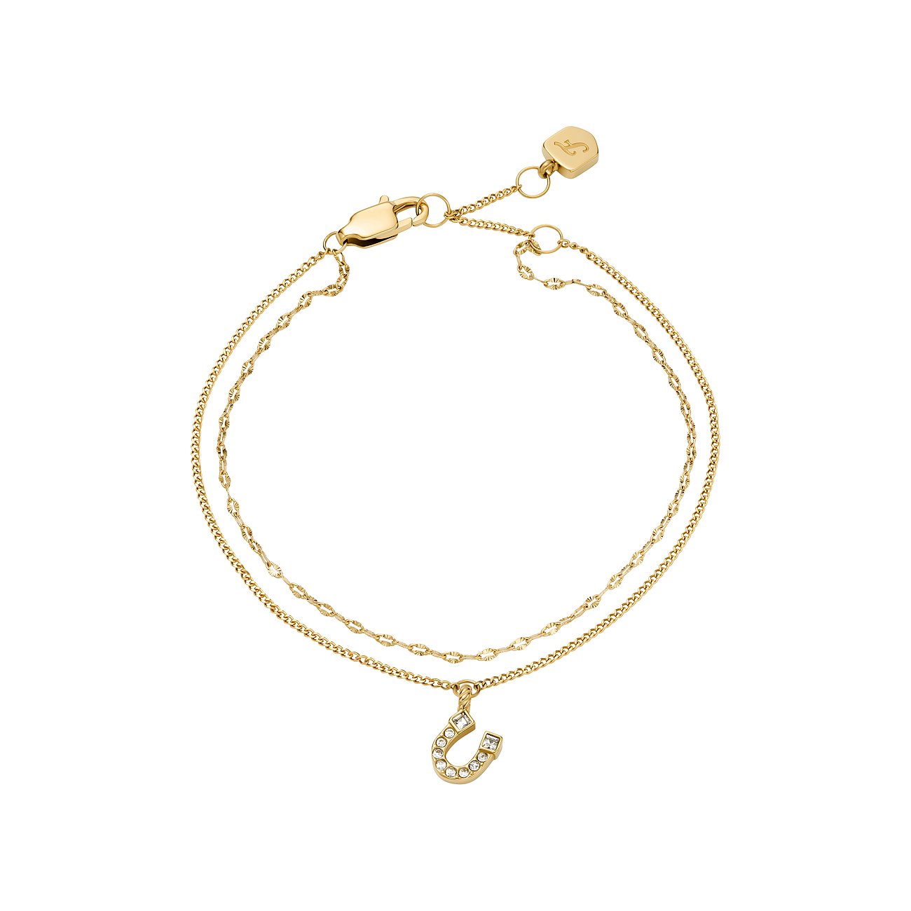 Fossil Armschmuck aus goldfarbenem Edelstahl mit doppeltem Ketten-Design und Hufeisen-Anhänger mit Glassteinbesatz.