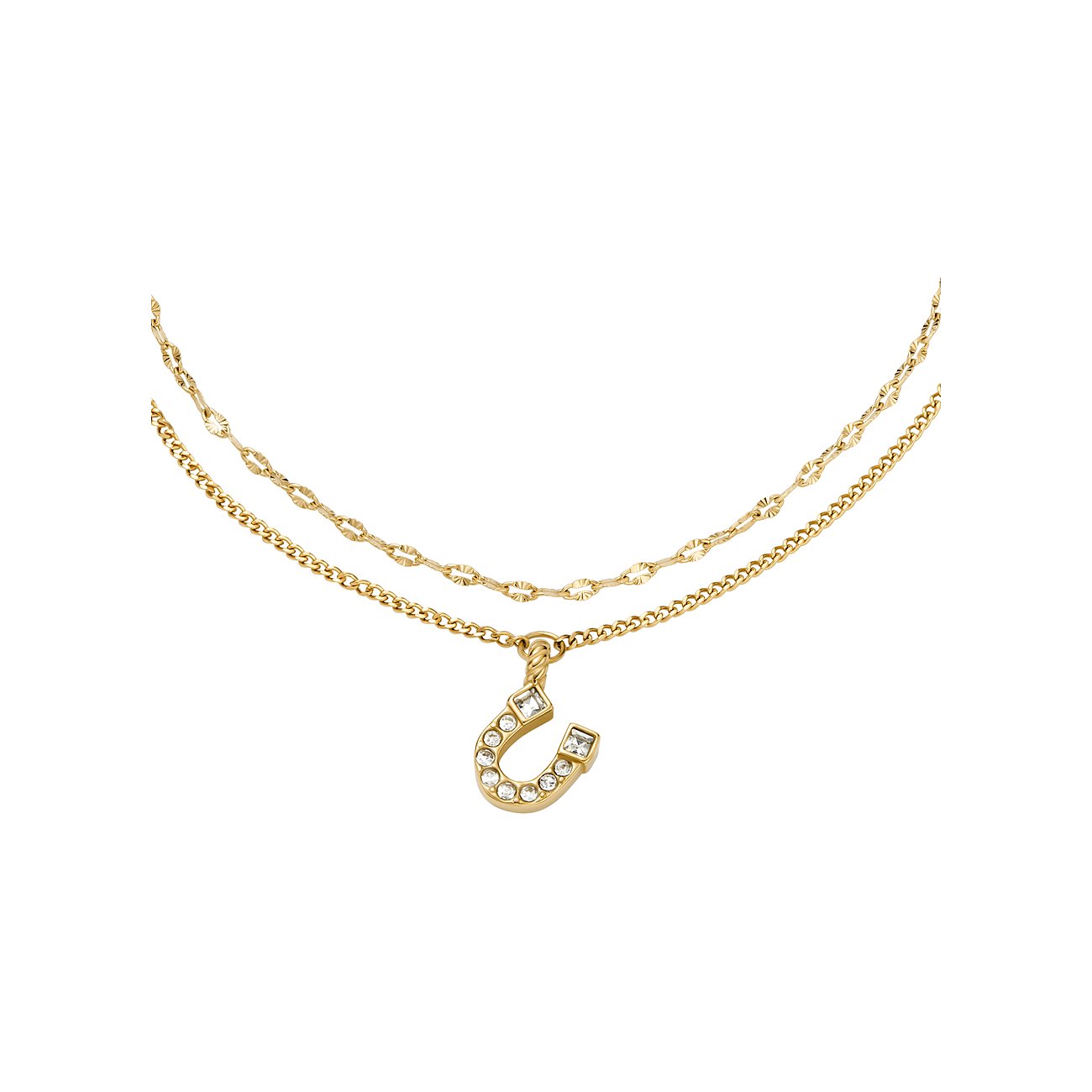 Fossil Armschmuck aus gelb-goldenem Edelstahl mit doppelter Kette und einem mit Glassteinen besetzten Hufeisen-Anhänger.