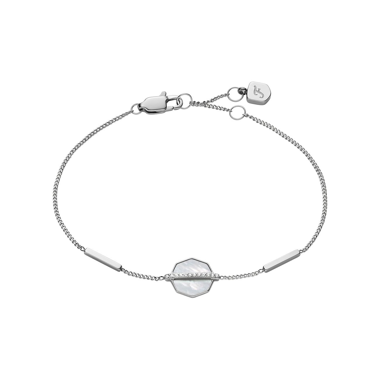 Fossil Armband aus silberfarbenem Edelstahl mit einer achteckigen, perlmuttartigen Scheibe und Glasstein-Besatz.