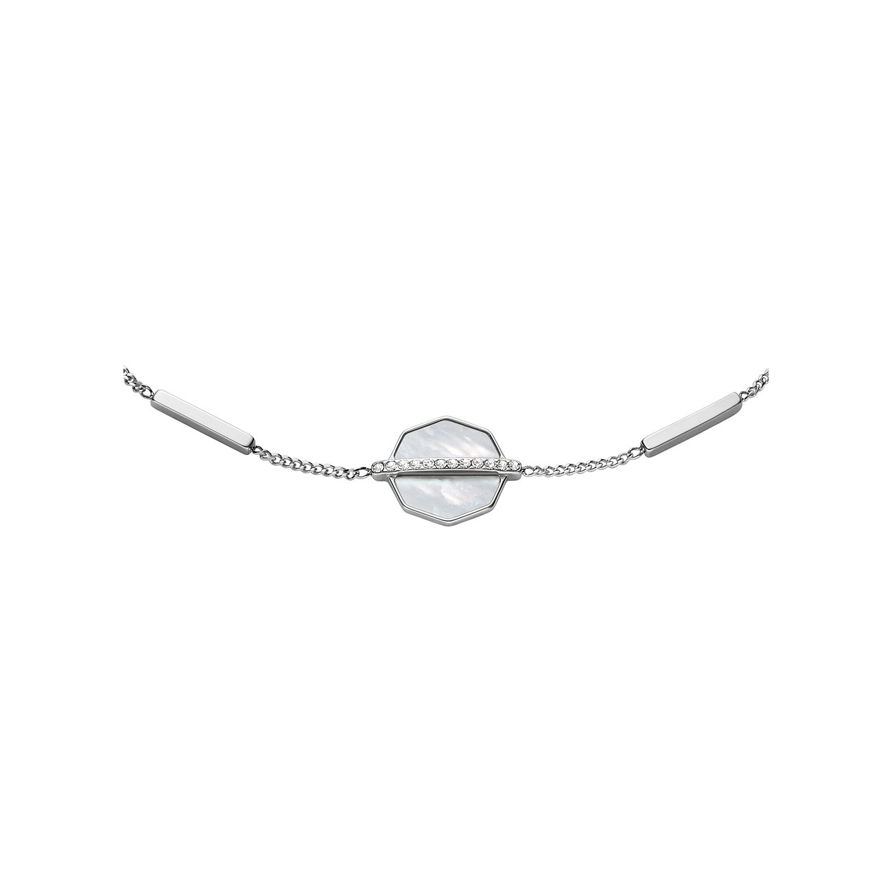 Fossil Armband aus Edelstahl mit achteckigem farbigem Glasstein und glitzernden Schmucksteinen in der Mitte.
